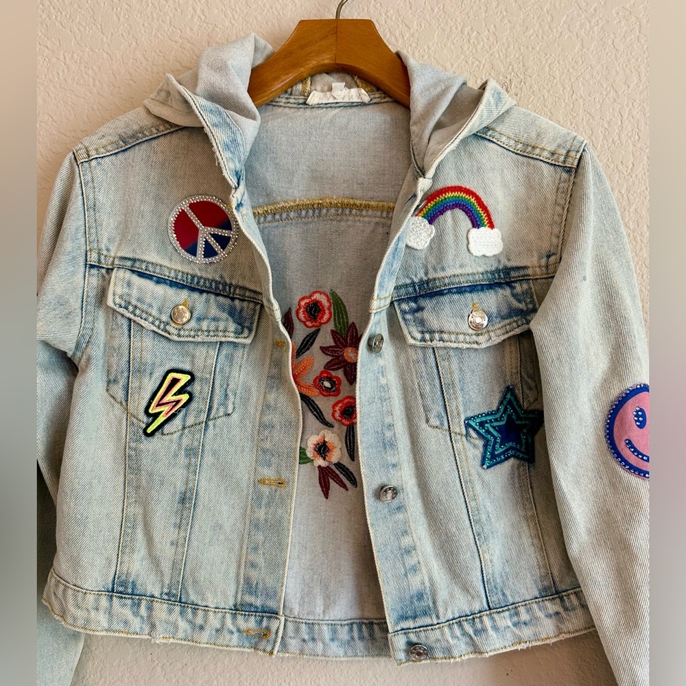 Hannah Banana Denim Jacket Light Wash Girls 16 Bright Bling Patches Embroidered